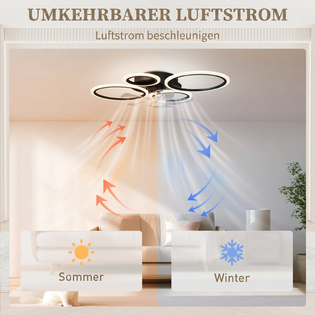 Loftventilator med lys og fjernbetjening, 77 cm LED-loftventilator med 3 lysfarver, 6 hastigheder, timer