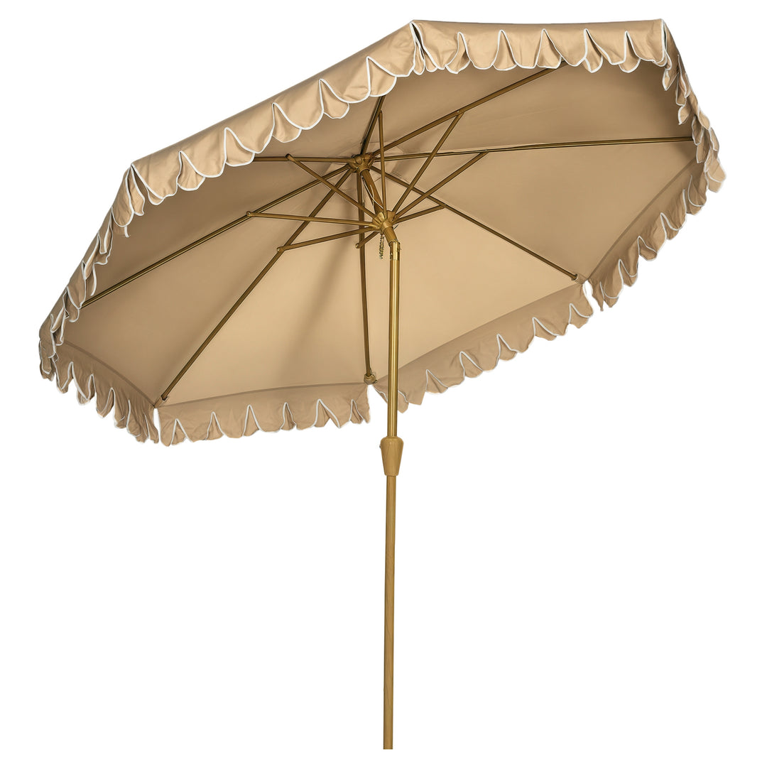 Parasol, med frynser, vipbar, med håndsving, stål+polyester, khaki, Ø264 x 240 cm