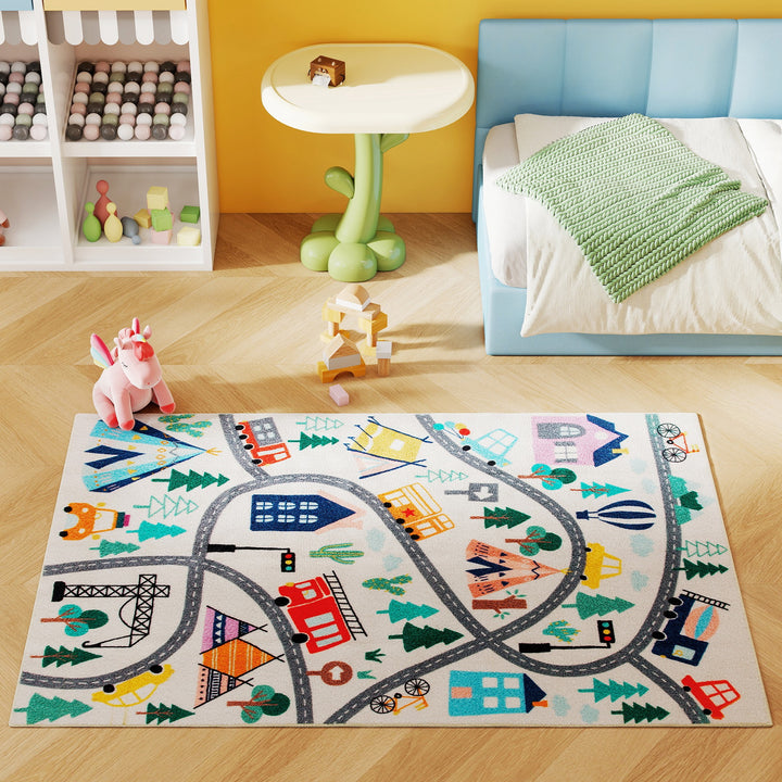 Highway pattern tæppe, hvid baggrund, blød fleece, nem at pleje, farverig