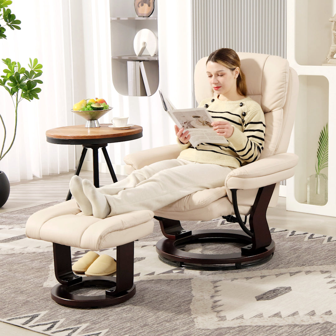 Lænestol med fodskammel, betræk i kunstlæder, polstret stol, creme hvid