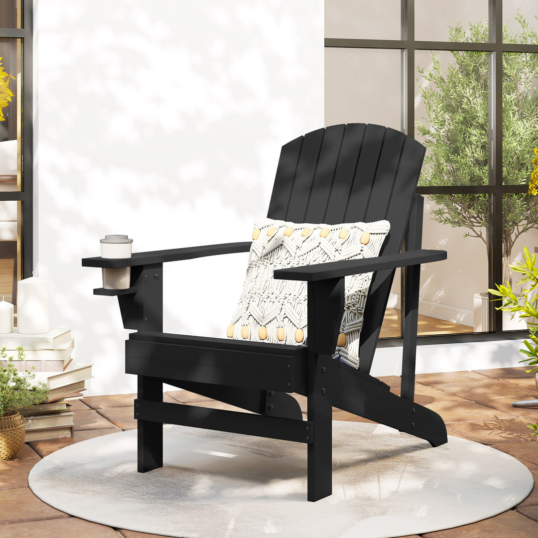 Adirondack havestol med kopholder, haveliggestol, balkonstol, massivt træ, sort, 72 x 95 x 93 cm