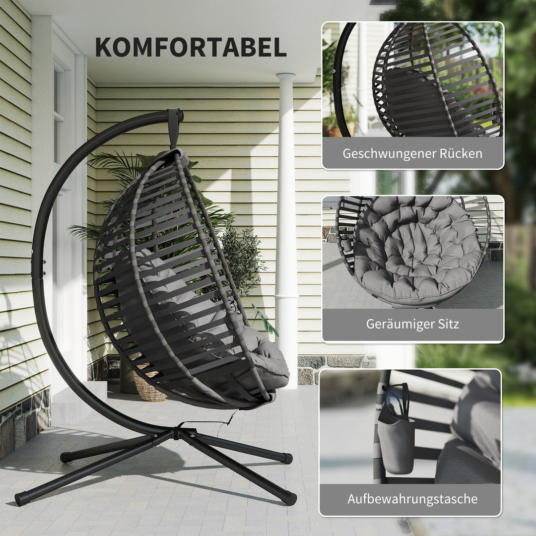 Hængestol med ramme, ægformet hængegynge med bløde sædehynder, grå