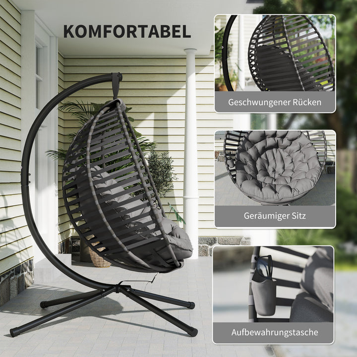 Hængestol med ramme, ægformet hængegynge med bløde sædehynder, grå