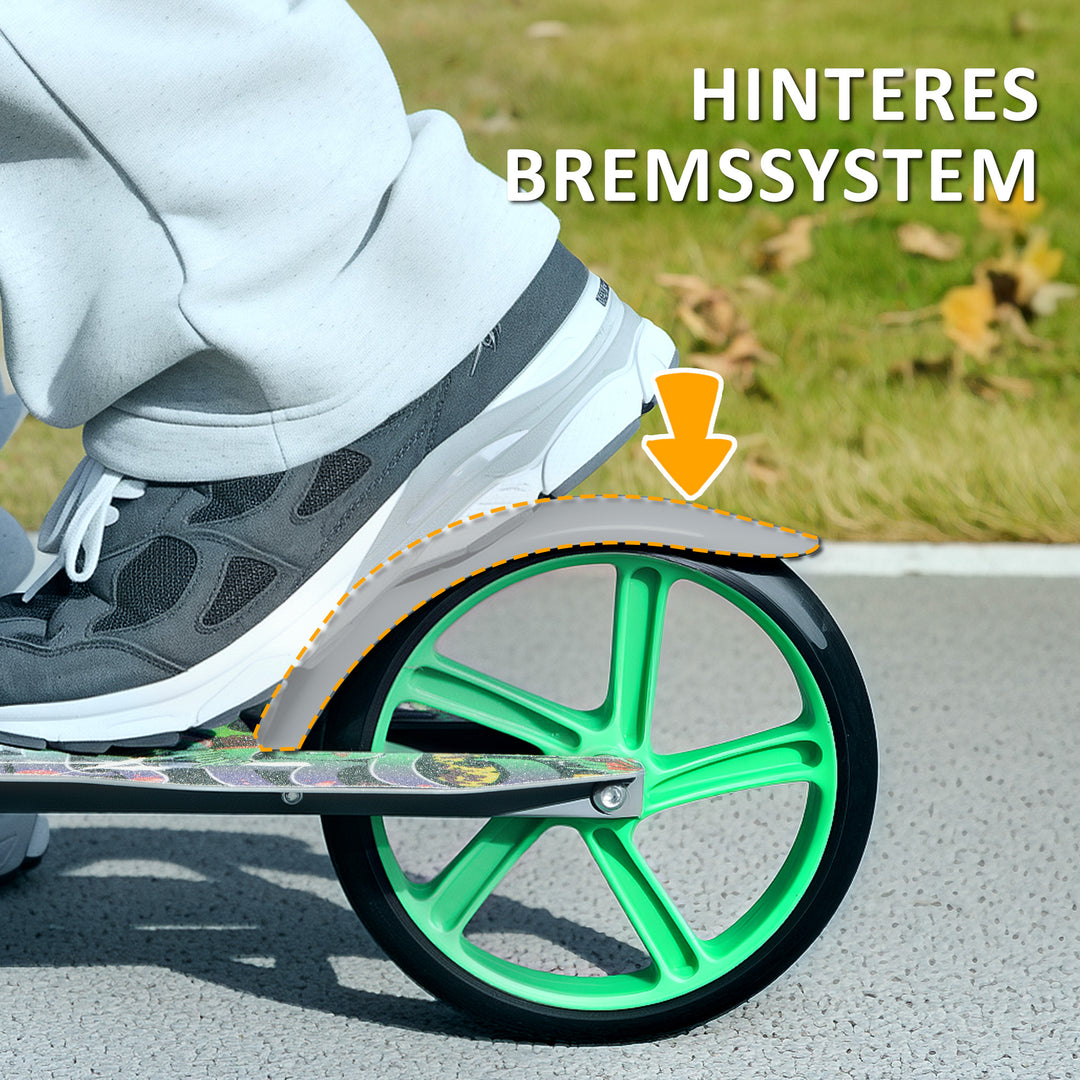 Løbehjul, højdejusterbar, baghjulsbremse, foldbar, 100 kg lasteevne, grøn