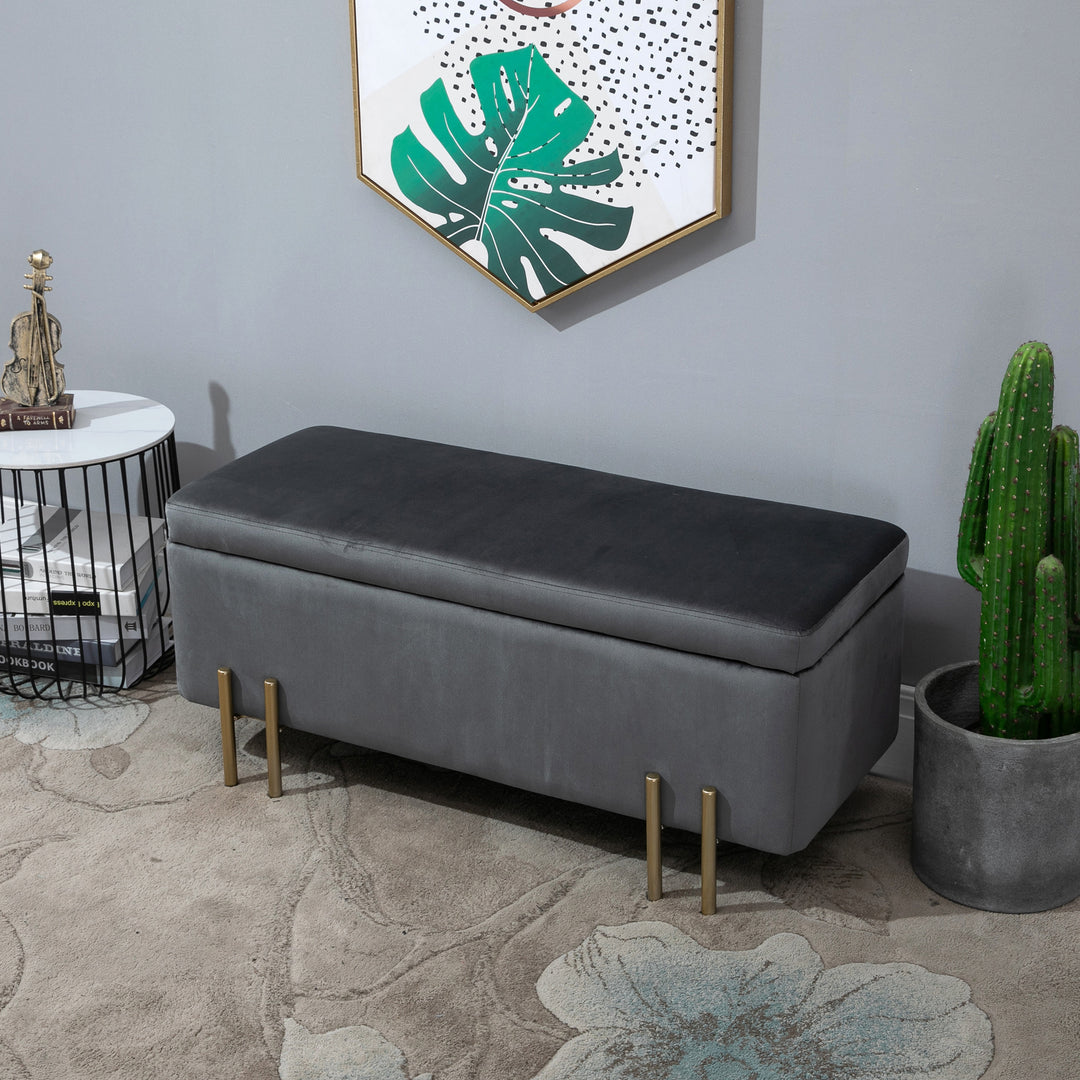 Opbevaringsbænk, polstret bænk med fløjlslook, opbevaringskommode med metalben, kommode til stue, soveværelse, entre, 100 x 40 x 42 cm, mørkegrå
