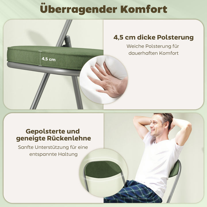 Sæt med 4 polstrede klapstole, klapstole med fløjlsbetræk, ryglæn, metalstel, grøn