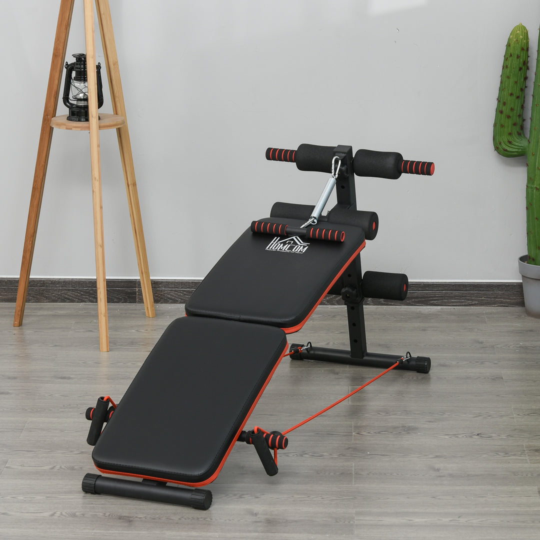 Sit-up bænk, mavetræner med træningsreb, multifunktionel træningsbænk, justerbar og foldbar, 110 kg lasteevne, stål, sort og rød, 137 x 51 x 50-66 cm