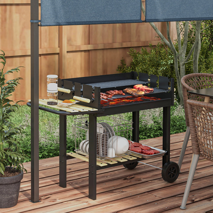Kulgrill, grillvogn, 2 grillflader, 2 hjul, håndtag, hylder, 113 x 53,5 x 82,5 cm, sort