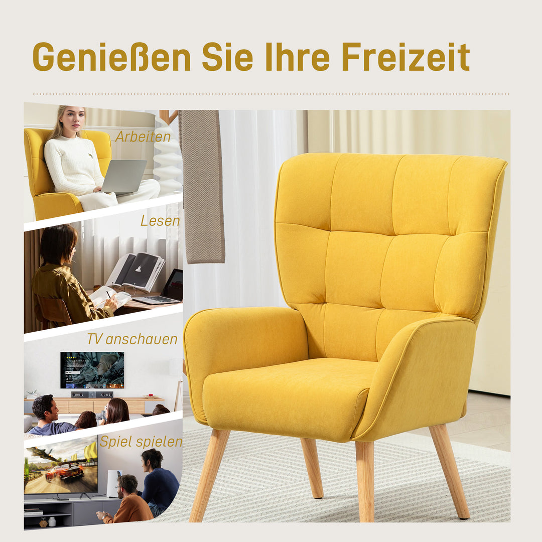 Polstret lænestol, lænestol til stue med quiltning, blødt velourbetræk, op til 120 kg, gul