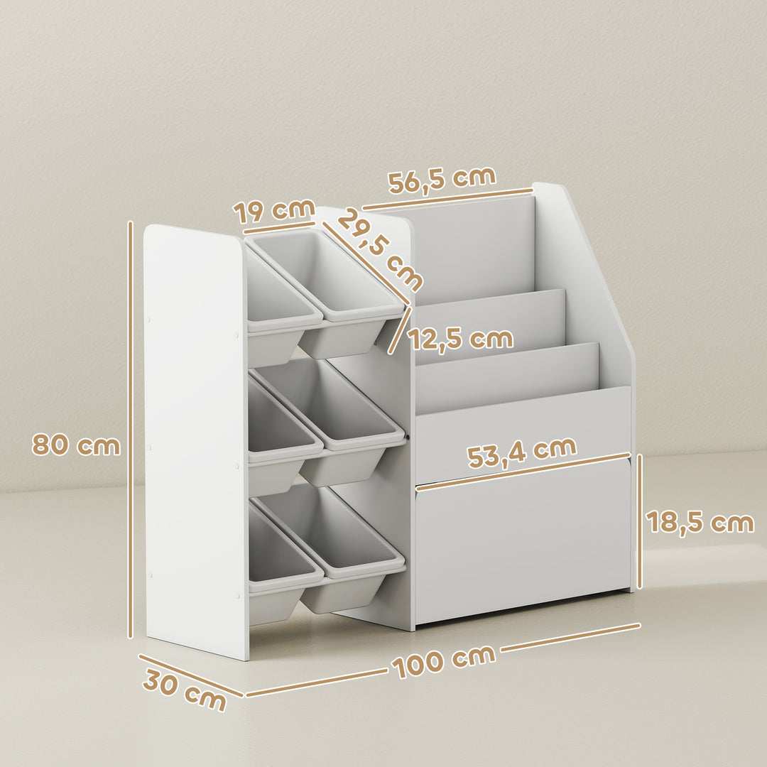 Legetøjsreol, børneværelsesreol med 6 beholdere, bogreol, rullekasse, 100 x 30 x 80 cm, MDF, stål, hvid