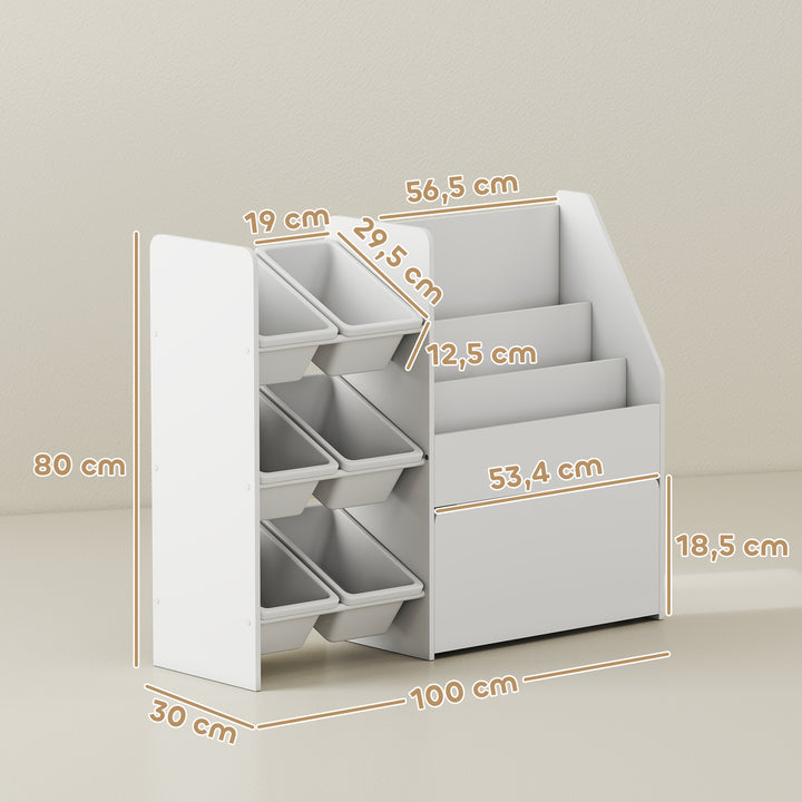 Legetøjsreol, børneværelsesreol med 6 beholdere, bogreol, rullekasse, 100 x 30 x 80 cm, MDF, stål, hvid