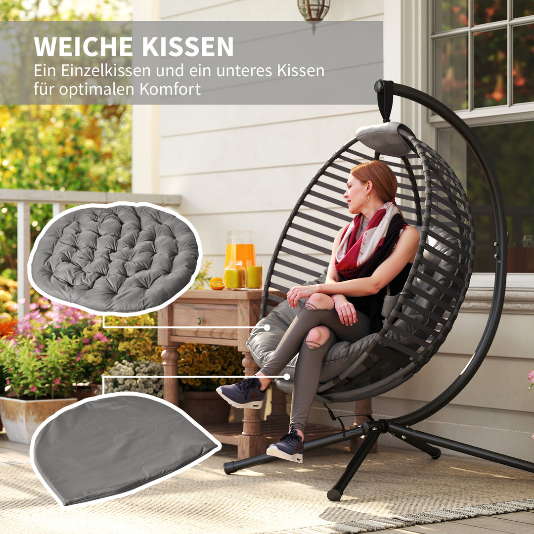 Hængestol med ramme, ægformet hængegynge med bløde sædehynder, grå