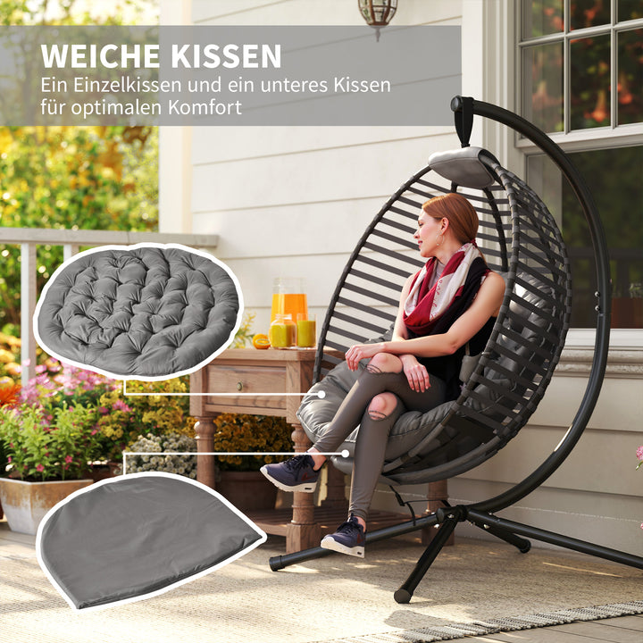 Hængestol med ramme, ægformet hængegynge med bløde sædehynder, grå