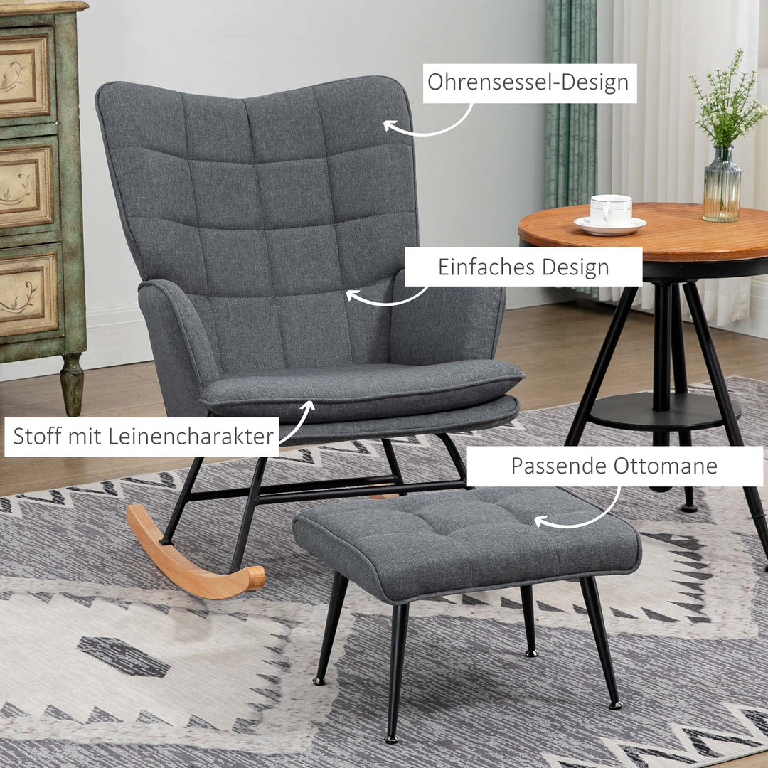 Gyngestol med skammel, komfortabel, op til 130 kg, hørlook, 64 x 89 x 90 cm, grå