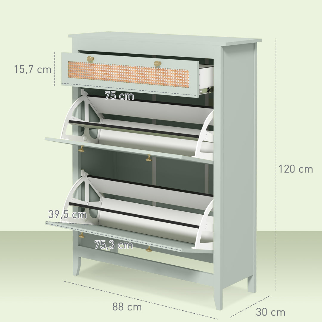 Skoskab til 12 par sko, med 1 udtræksskuffe, 2 vippeskuffer, skokommode, 88 x 30 x 120 cm, grøn