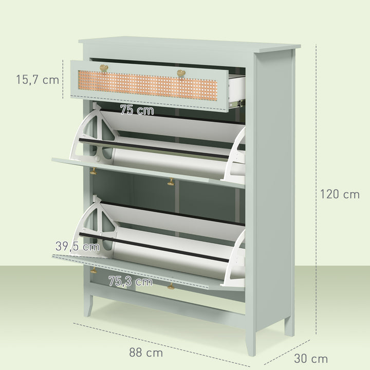 Skoskab til 12 par sko, med 1 udtræksskuffe, 2 vippeskuffer, skokommode, 88 x 30 x 120 cm, grøn