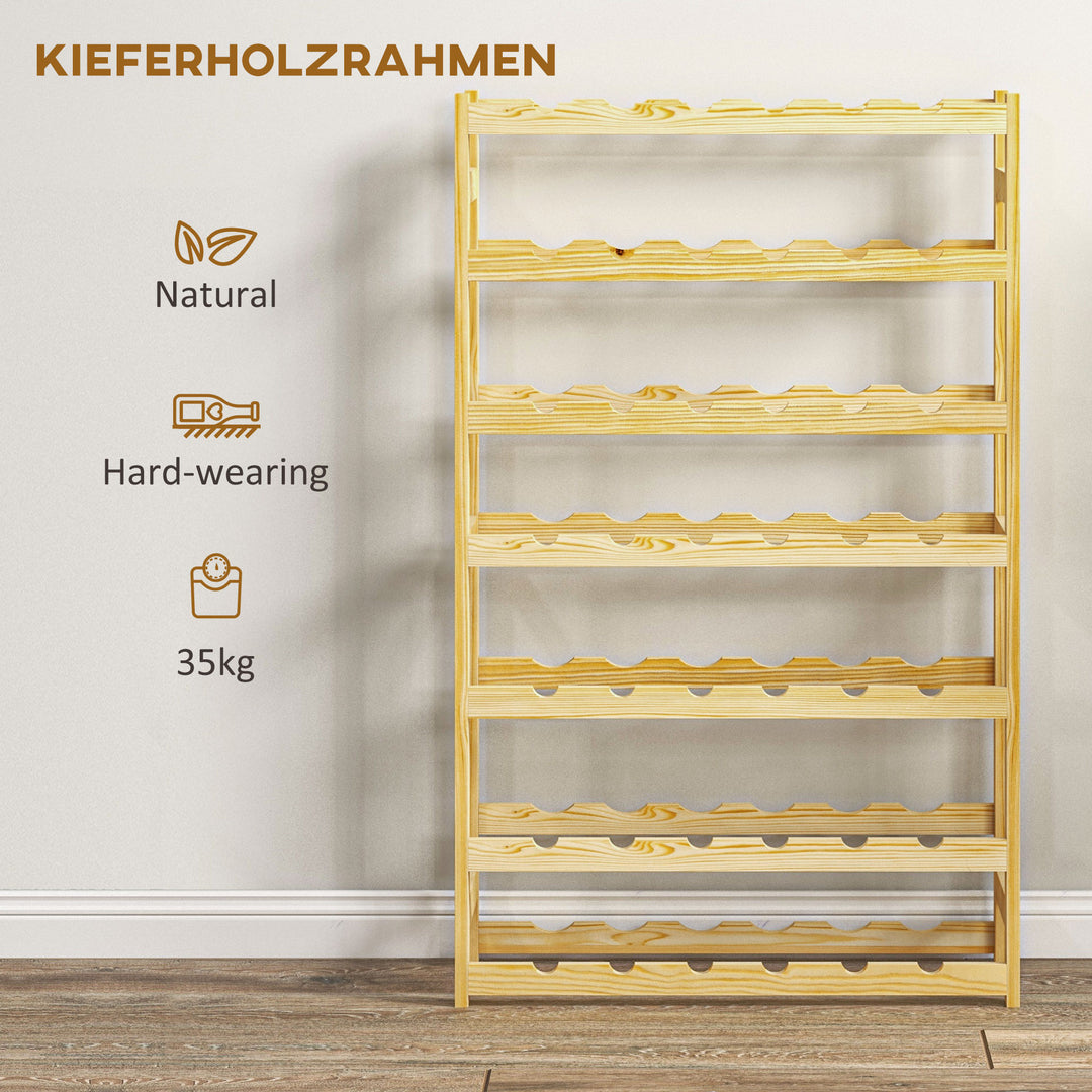 Vinreol, 7 hylder, til 42 flasker, anti-tip, fyrretræ, 63x25x102cm, natur