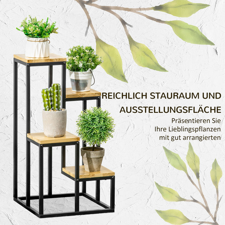 Industrielt plantestativ med 4 hylder, blomstertrappe, 34 cm x 34 cm x 66 cm, naturlig + sort
