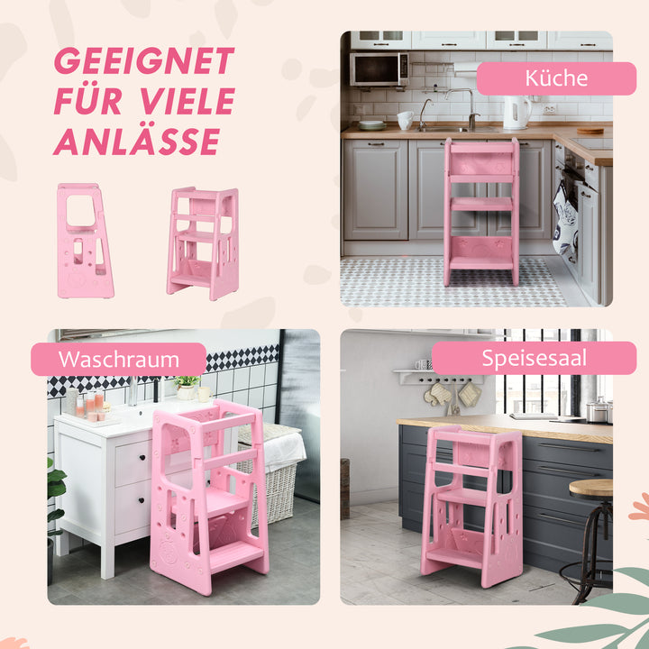 Læringstårn, højdejusterbar, nem at rengøre, skridsikker, børnesikker plast, 47 x 47 x 90 cm, lyserød