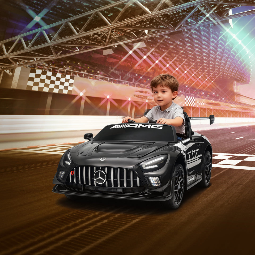 Mercedes elektrisk børnekøretøj, 12V batteri, LED-lys, musikfunktion, horn, alder 3-8, sort