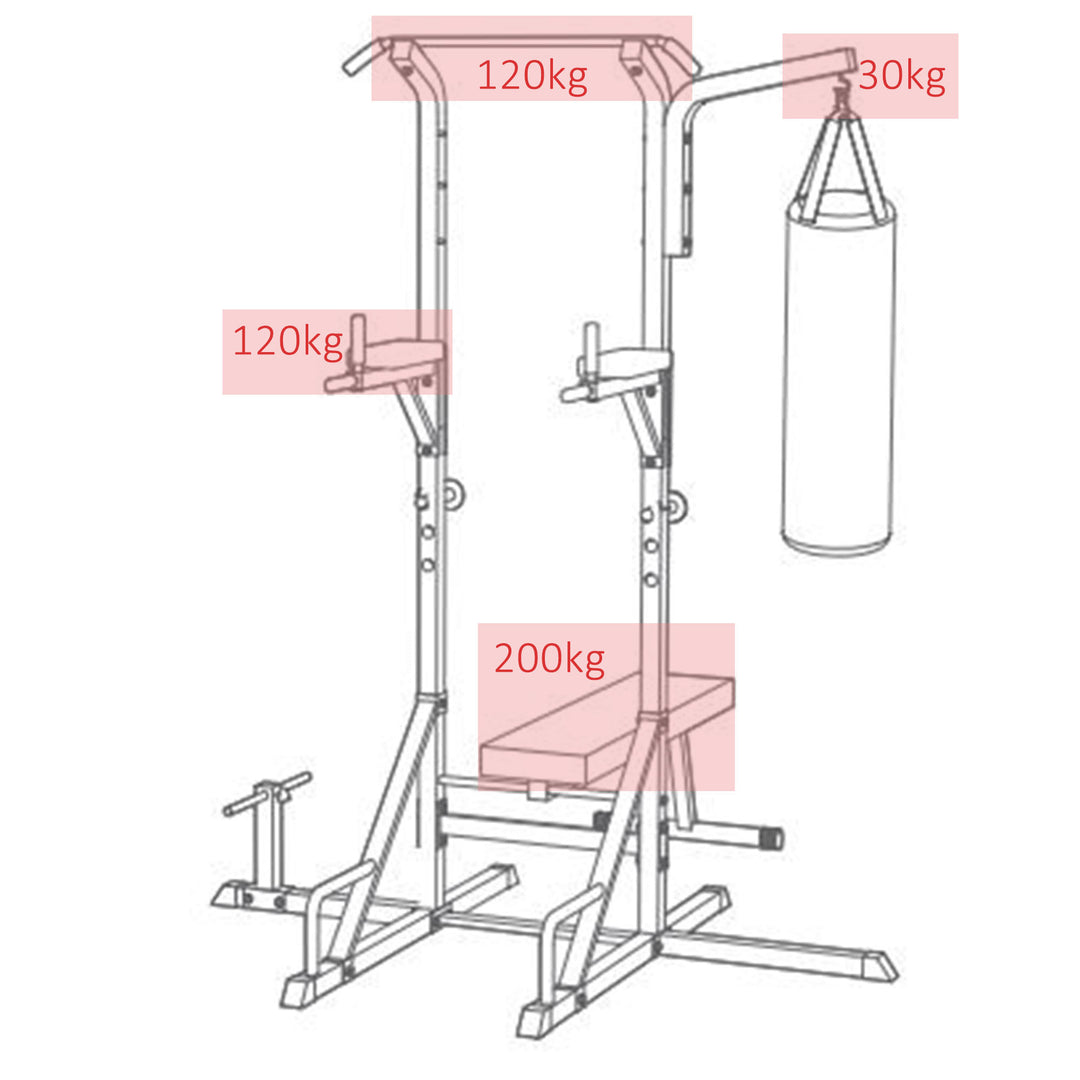 Power station med pull-up bar, multifunktionel dip station, hjemmetræningsudstyr, med boksesæk, fitness, stål, sort, 180 x 183 x 219 cm