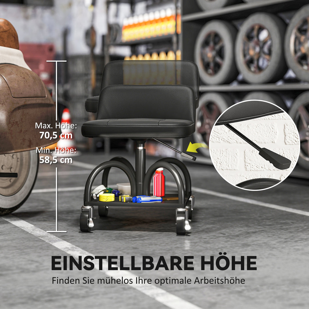 Værkstedsskammel med hjul, opbevaringsplads, 58,5 cm høj, rulleskammel, lasteevne op til 135 kg, sort