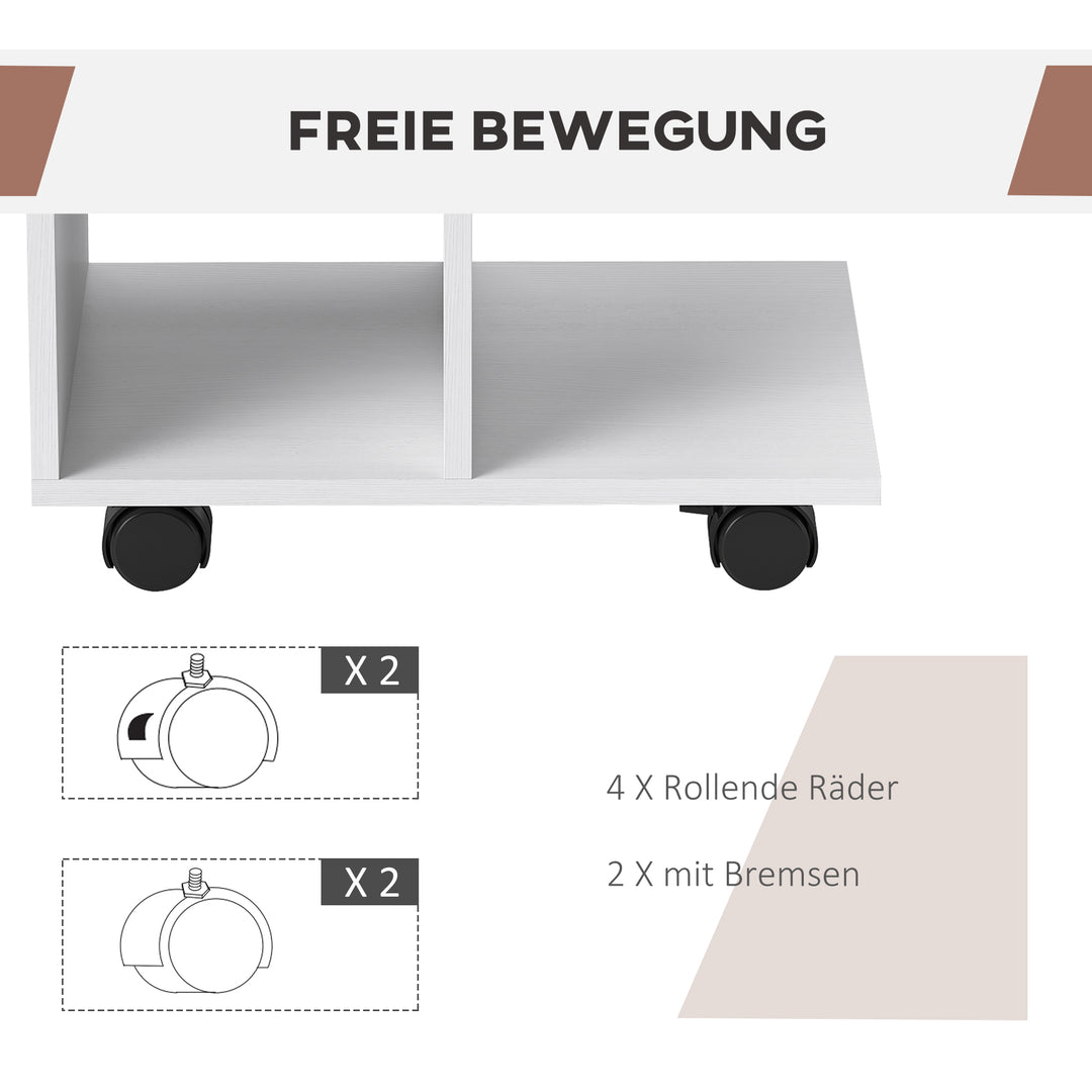 C-formet sidebord, sofabord, hjørneskrivebord, med hjul, e1 spånplade, 45 x 35 x 58 cm, hvid