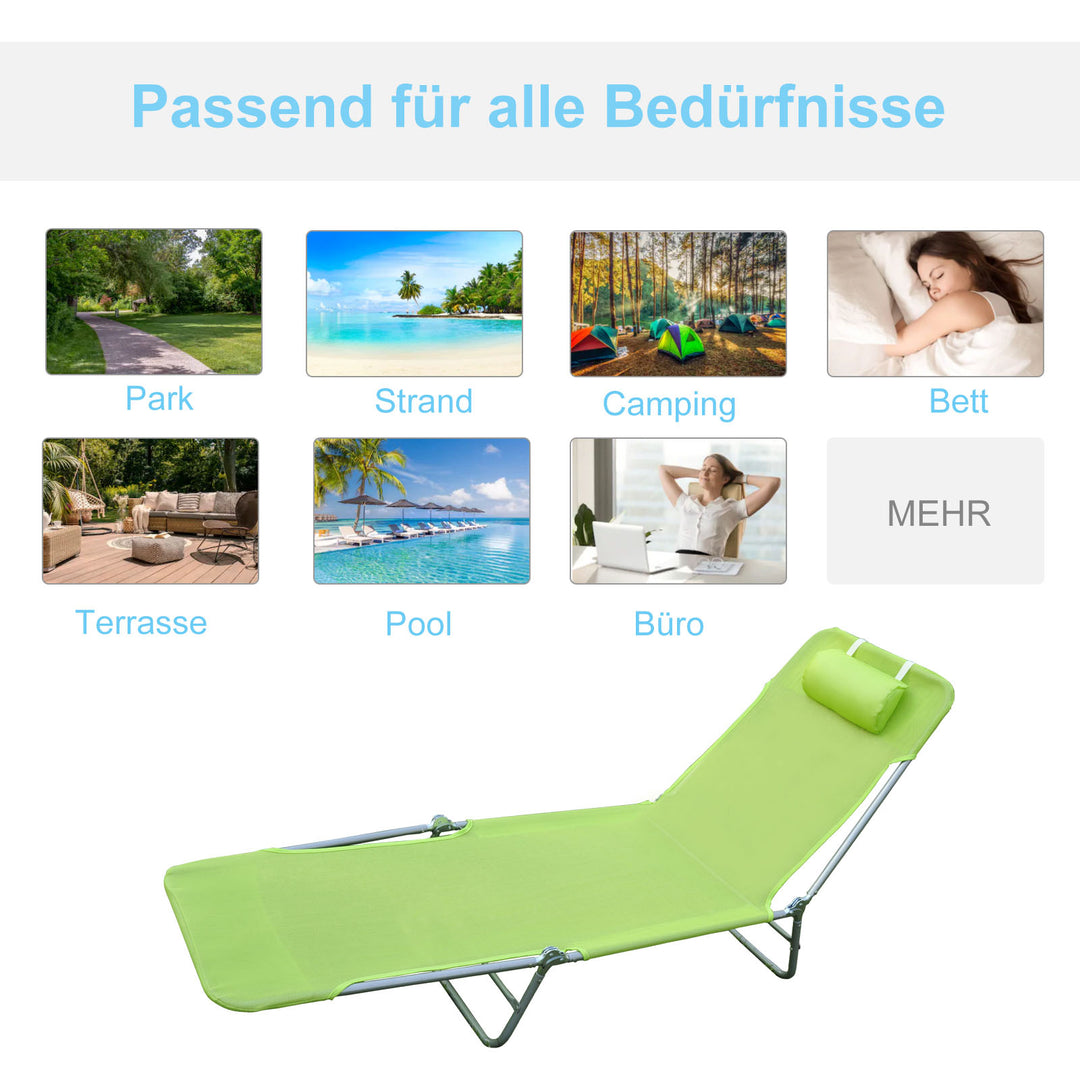 Sammenklappelig liggestol, havestol med nakkestøtte, justerbar liggestol med 5 positioner, campingstol, vægtkapacitet op til 120 kg, egnet til have, balkon og pool, 4 farver (grøn)