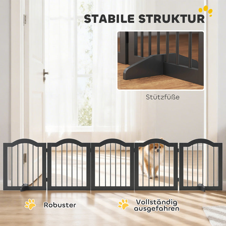 Fritstående hundegitter med fødder, foldbart, 5 paneler, 261,5 x 29,5 x 61 cm, sort