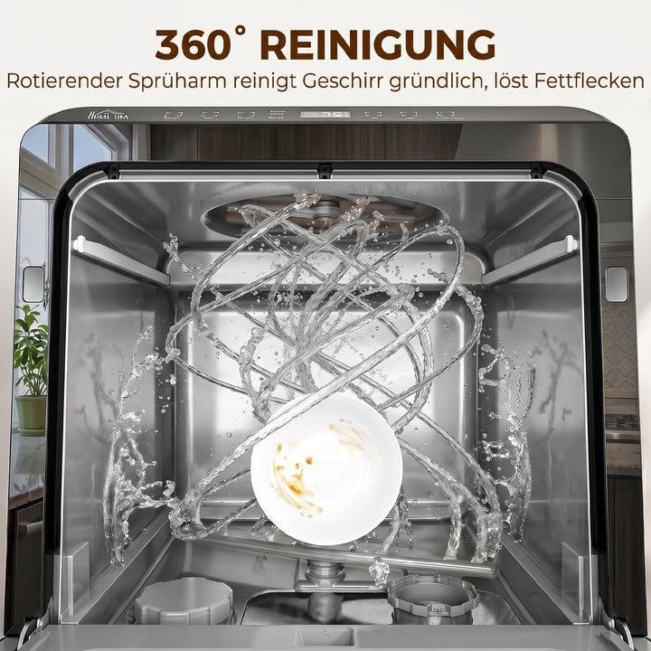 Bordopvaskemaskine med integreret 6-liters vandtank, 5 programmer, 4 kuverter, LED-display, sort