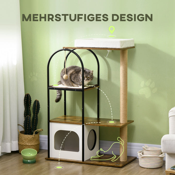Kradsetræ, 4 niveauer, kattehus, legebold, anti-tippe, 80x40x118,5 cm, brun/hvid