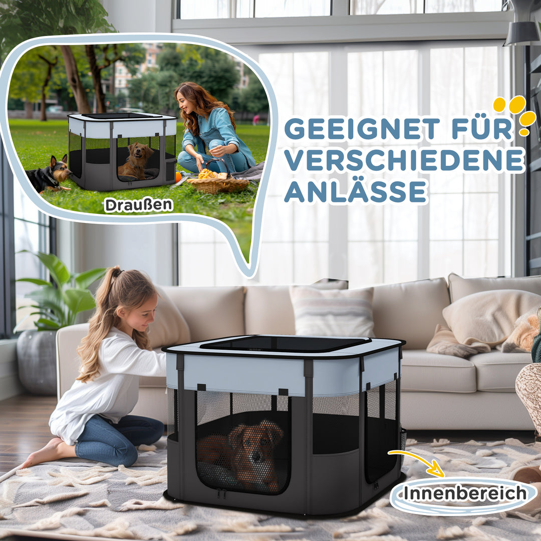 Sammenklappelig kæledyrs legegård med opbevaringspose til hvalpe og killinger, indendørs og udendørs, grå