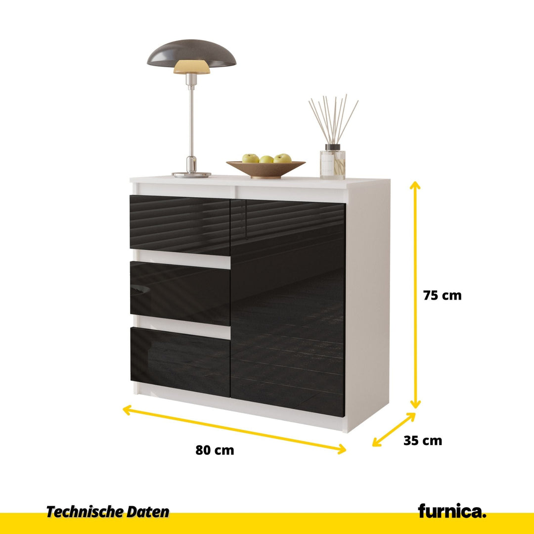 MIKEL - Kommode med 3 skuffer - mat hvid / højglans sort H75cm B80cm D35cm