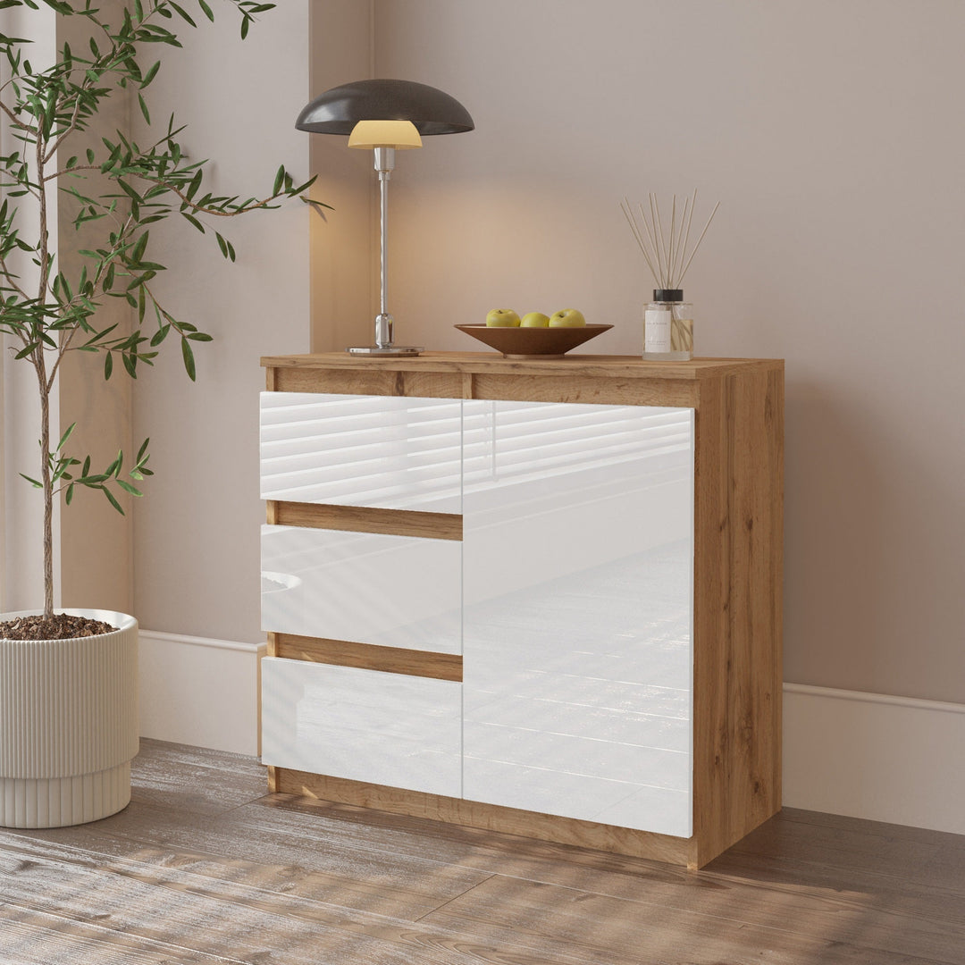 MIKEL - Kommode med 3 skuffer - naturfarvet / højglans hvid H75cm B80cm D35cm