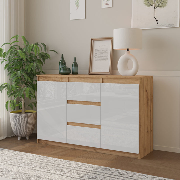 MIKEL - Kommode med 3 skuffer - naturfarvet / højglans hvid H75cm B120cm D35cm