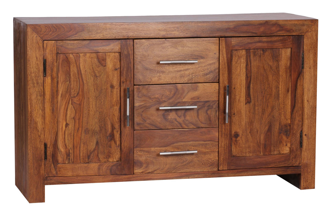 Kommode i massivt træ, 118 cm, 3 skuffer, 2 låger, designer-skænk, landlig stil, naturbrun