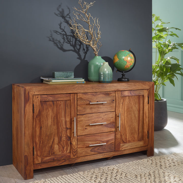 Kommode i massivt træ, 118 cm, 3 skuffer, 2 låger, designer-skænk, landlig stil, naturbrun