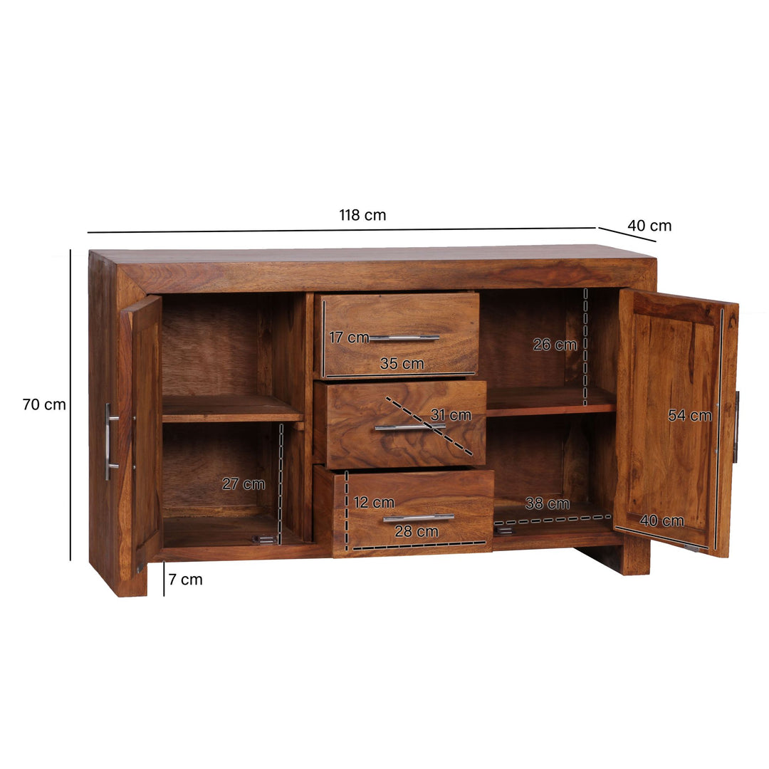 Kommode i massivt træ, 118 cm, 3 skuffer, 2 låger, designer-skænk, landlig stil, naturbrun