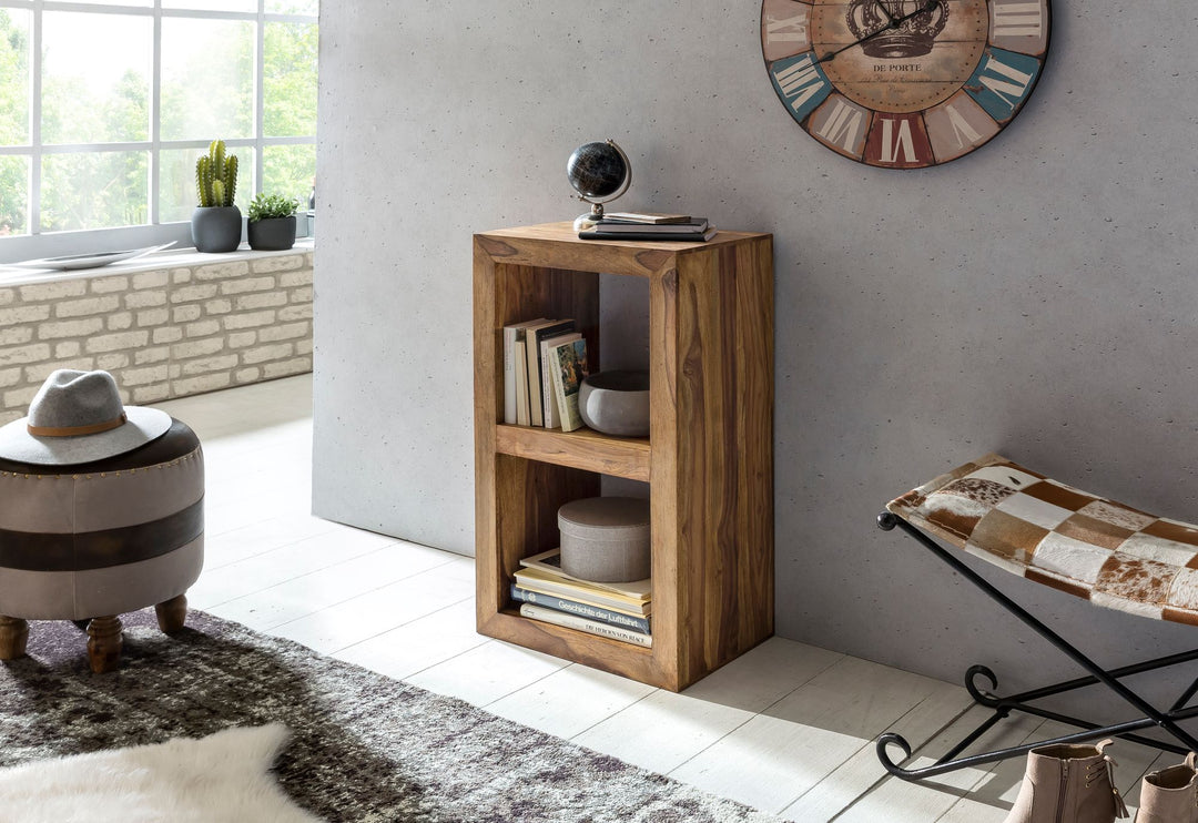 Fritstående hylde i massivt sheeshamtræ, 88 cm høj, 2 hylder, designer træhylde, naturprodukt, sidebord, landlig stil