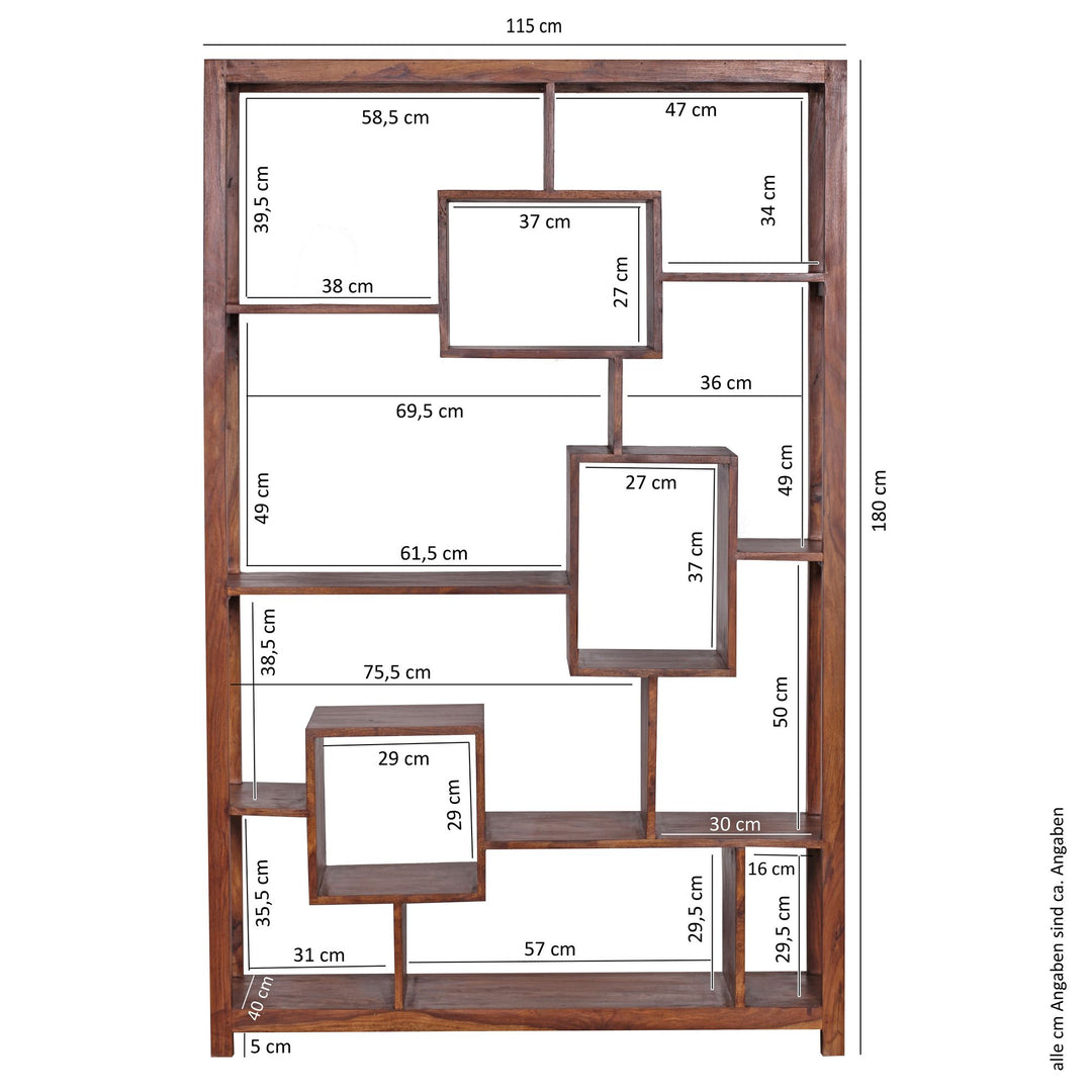 Massivt træ sheesham-bogreol 115 x 180 cm stuehylde opbevaringsrum design landlig stil