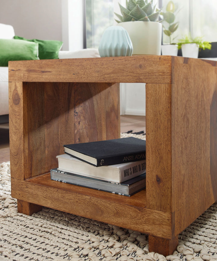 Sofabord MUMBAI massivt sheeshamtræ 50 cm bredt stuebord design mørkebrunt landligt sidebord