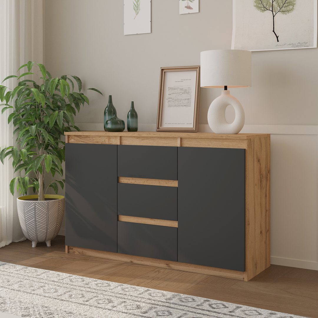 MIKEL - Kommode med 3 skuffer - naturfarvet / antracit-grå H75cm B120cm D35cm
