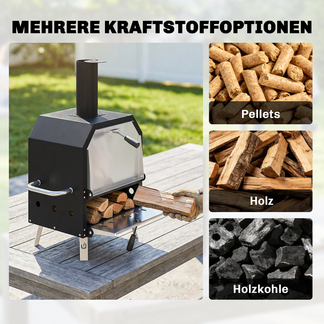 Udendørs brændefyret pizzaovn, rustfrit stål, 2-lags ovn med 1 cm tyk pizzasten, sammenklappeligt ben