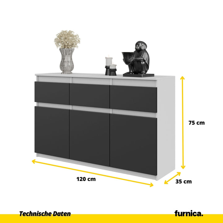 NOAH - Kommode med 3 skuffer - mat hvid / antracit-grå, H75cm B120cm D35cm