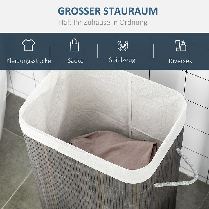 Vasketøjskurv med håndtag og vaskbar vasketøjspose, rattan, polyester, bomuld, metal, 43l x 32b x 61h cm, grå