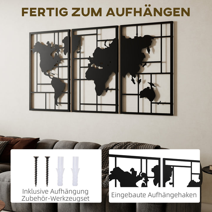 Metal vægdekoration, 3 dele, verdenskort vægkunst til stue, soveværelse, entré, 50 x 80 cm, sort
