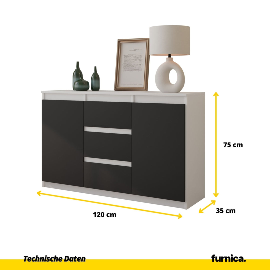 MIKEL - Kommode med 3 skuffer - mat hvid / antracit-grå H75cm B120cm D35cm