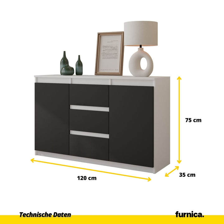 MIKEL - Kommode med 3 skuffer - mat hvid / antracit-grå H75cm B120cm D35cm