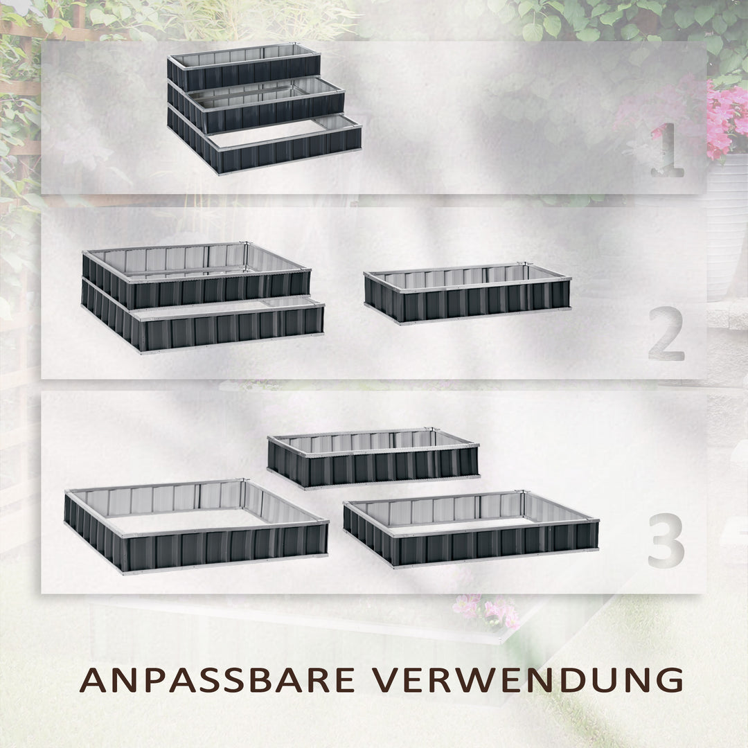 Højbed af stål, 3-lags havebed med t-formede plantemærker, handsker, plantebed, urtebed, blomstertrappe til altan, have, mørkegrå, 118 x 118 x 62 cm