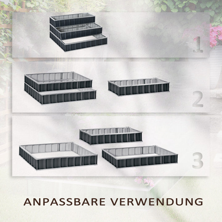 Højbed af stål, 3-lags havebed med t-formede plantemærker, handsker, plantebed, urtebed, blomstertrappe til altan, have, mørkegrå, 118 x 118 x 62 cm